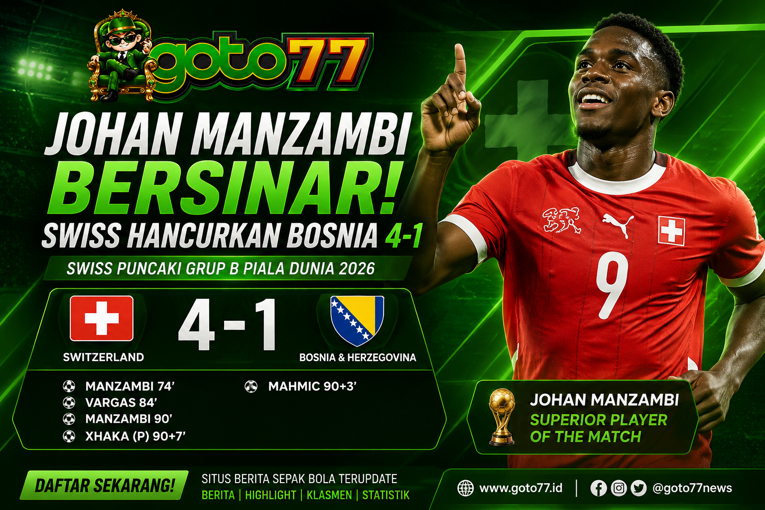 Johan Manzambi merayakan gol saat Swiss mengalahkan Bosnia 4-1 di Piala Dunia 2026
