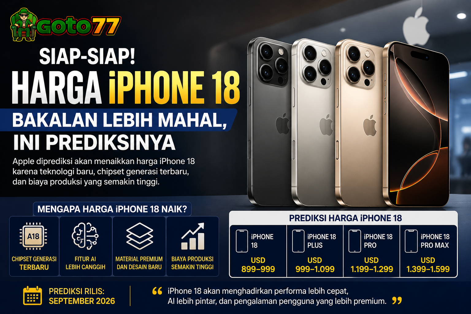 Harga iPhone 18 diprediksi naik karena chipset terbaru, fitur AI canggih, dan biaya produksi yang lebih tinggi