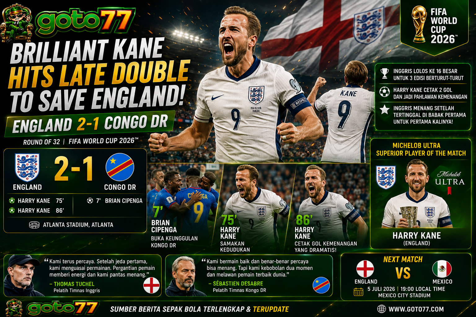 Inggris vs Kongo DR pada babak 32 besar Piala Dunia FIFA 2026 saat Harry Kane mencetak dua gol kemenangan untuk Inggris.