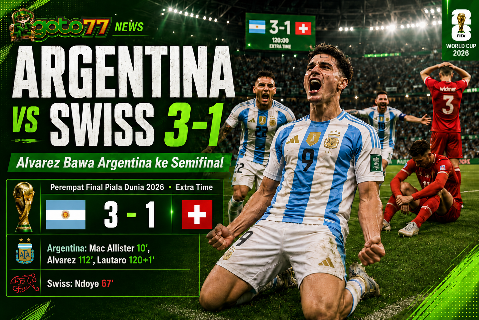 Argentina vs Swiss 3-1 di perempat final Piala Dunia 2026