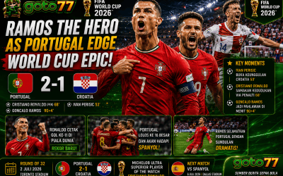 Portugal vs Kroasia pada babak 32 besar Piala Dunia FIFA 2026 saat Cristiano Ronaldo dan Goncalo Ramos membawa Portugal menang 2-1.