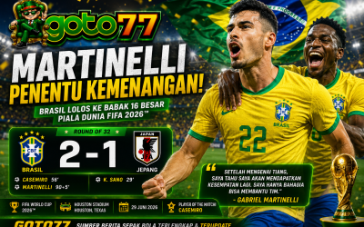 GOTO77 - Gabriel Martinelli merayakan gol kemenangan Brasil atas Jepang pada babak 32 besar Piala Dunia FIFA 2026 di Houston Stadium