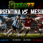 Poster pertandingan Argentina vs Mesir 2026 menampilkan Lionel Messi dan Mohamed Salah dengan logo GOTO77