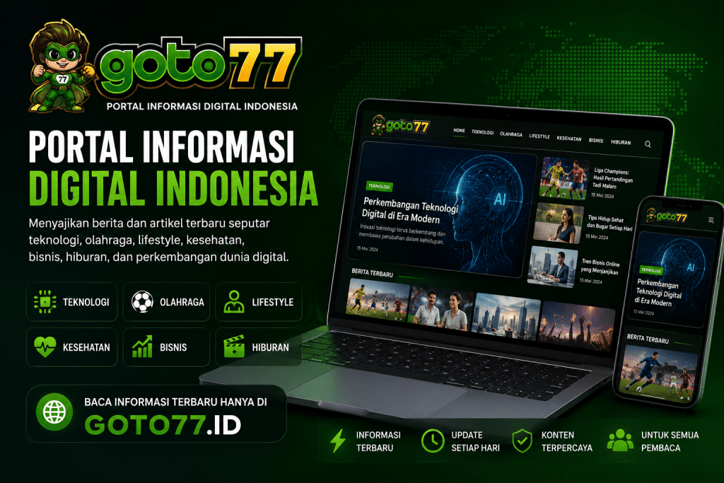 GOTO77 portal informasi digital Indonesia dengan tampilan berita di laptop dan ponsel