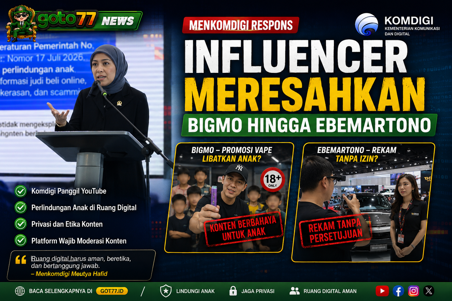 Menkomdigi respons influencer Bigmo dan Ebemartono terkait konten meresahkan